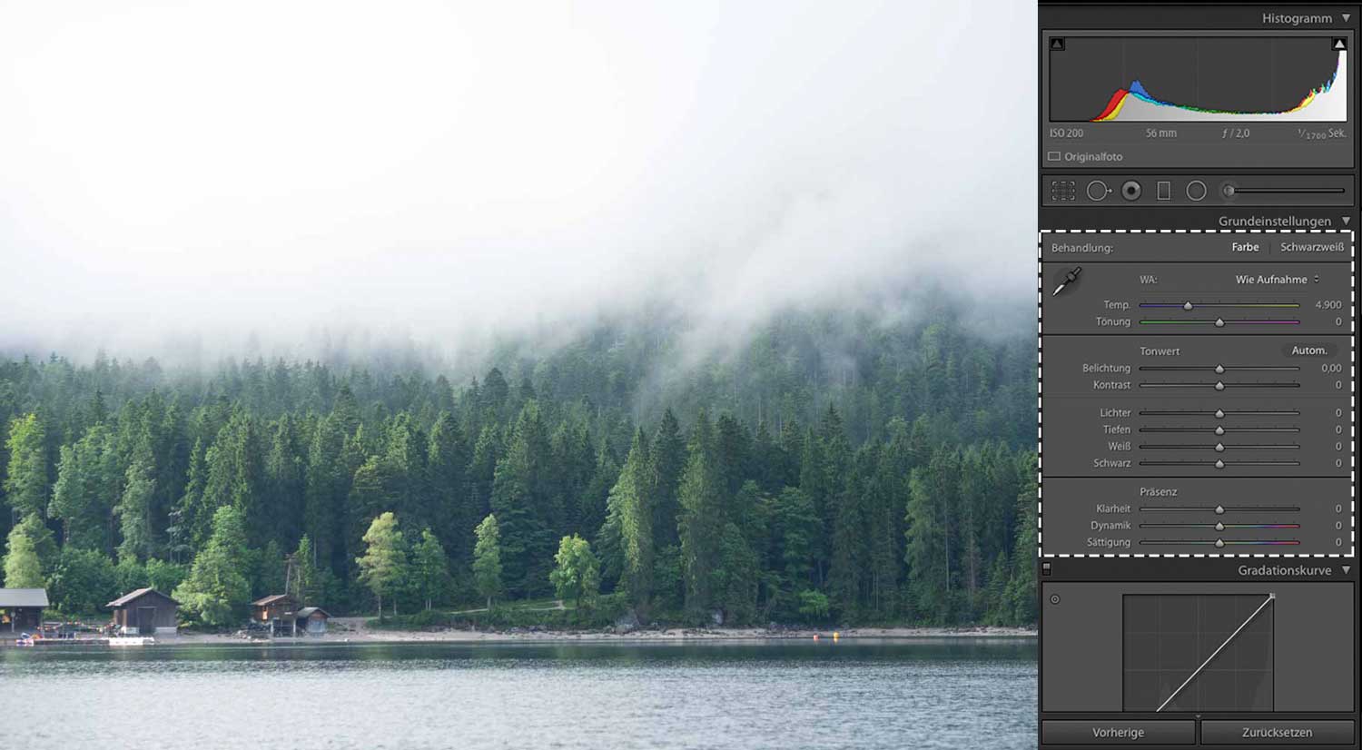 Die unbearbeitete Aufnahme in Lightroom