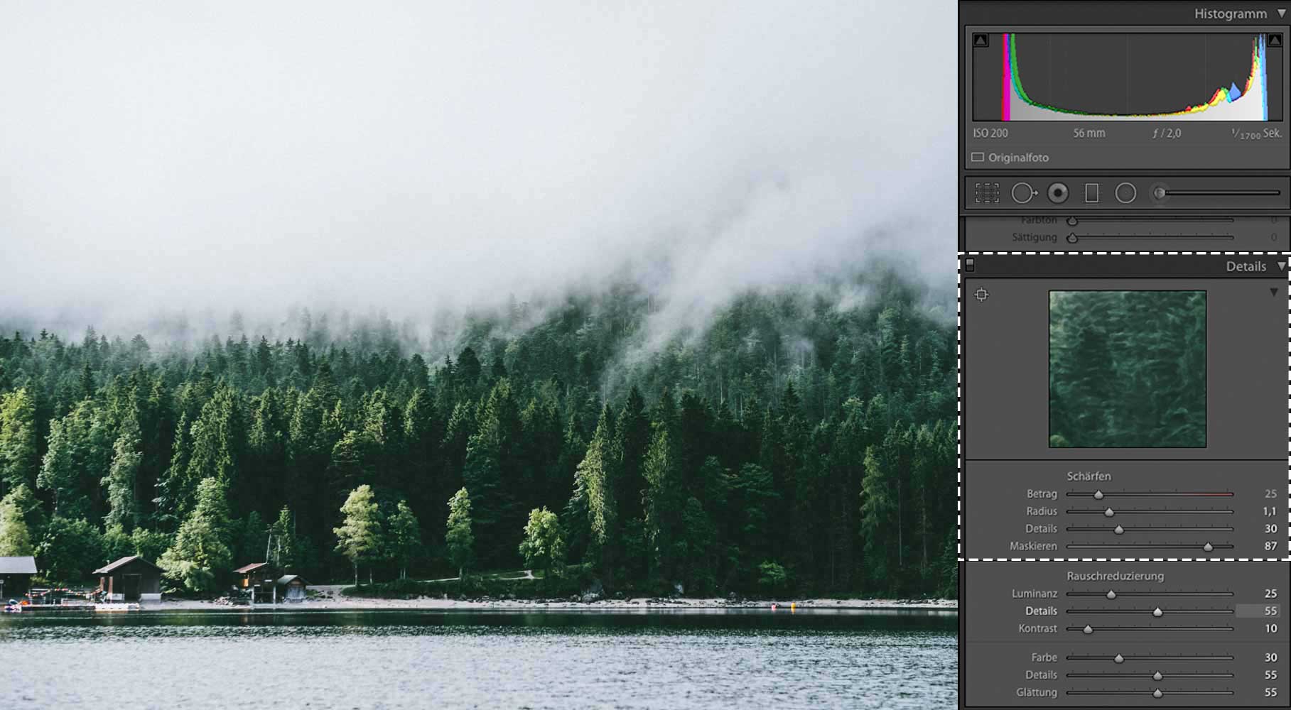 Der Dialog zum Schärfen und zur Rauschreduktion in Lightroom