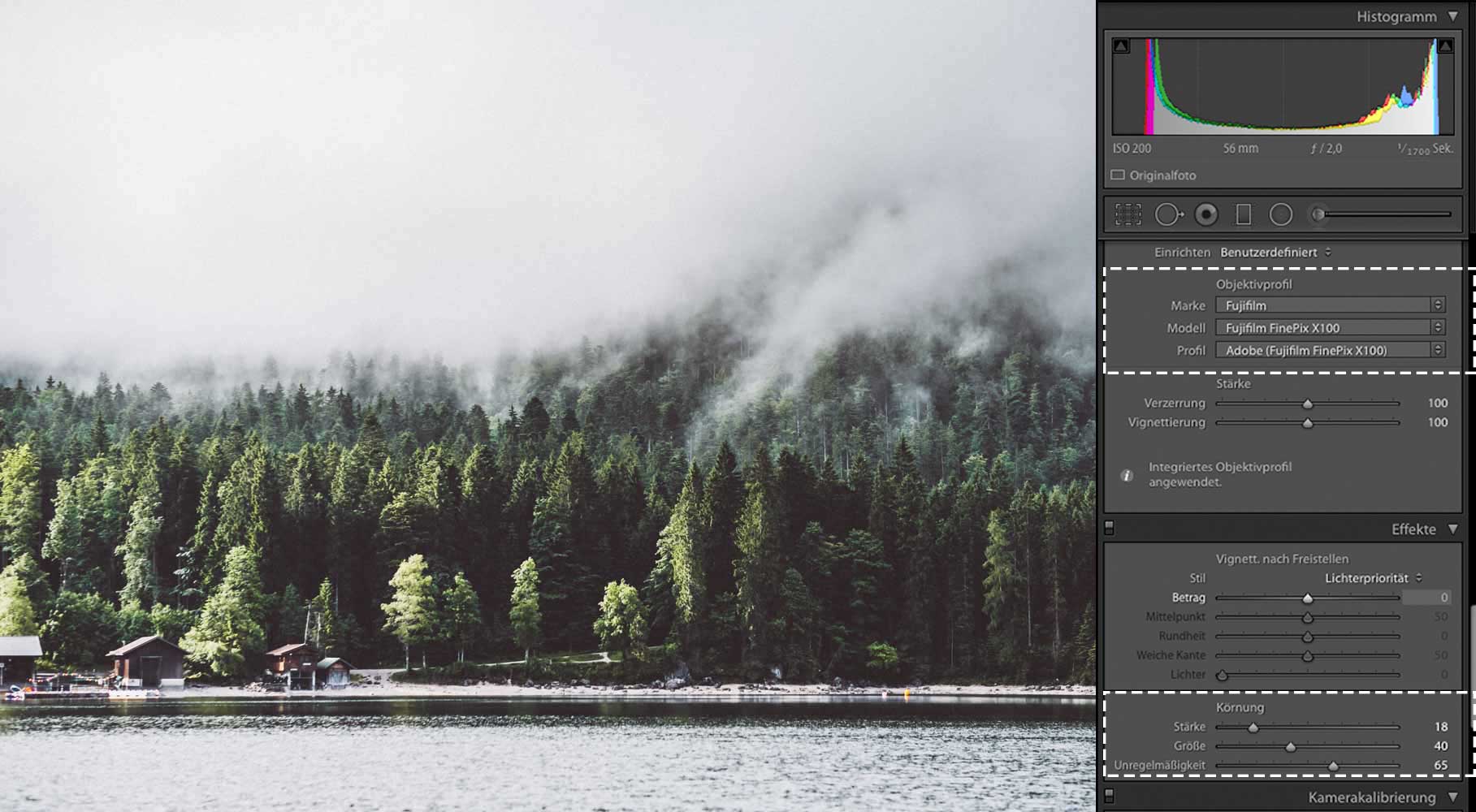Die fast fertige Aufnahme mit den Einstellungen für Objektivkorrekturen und Effekte