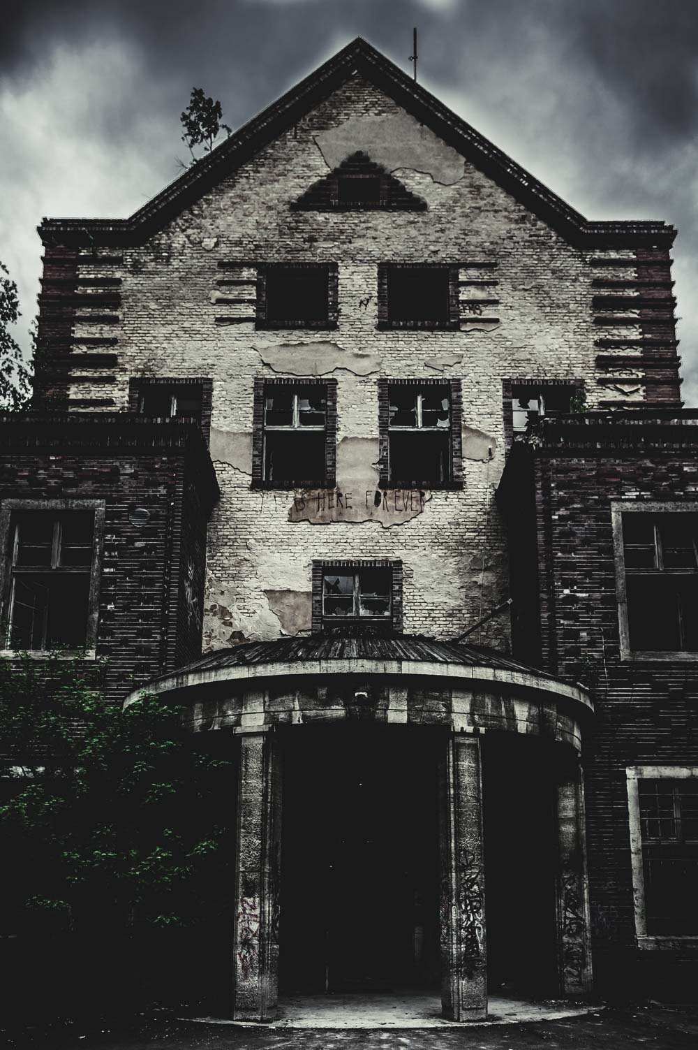 Zerschlagene Fenster und Bewuchs kennzeichnen das Gebäude der Chirurgie