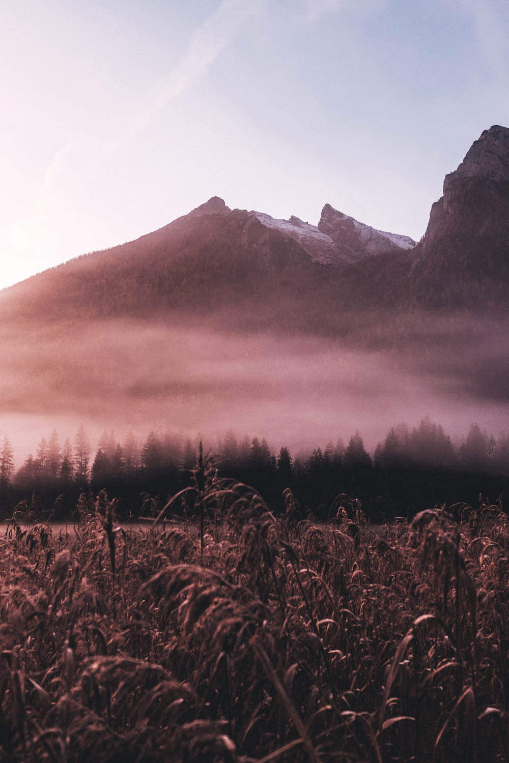 Die aufgehende Sonne taucht die Landschaft in schönes weiches Licht. Nebelschwaden stiegen langsam auf.