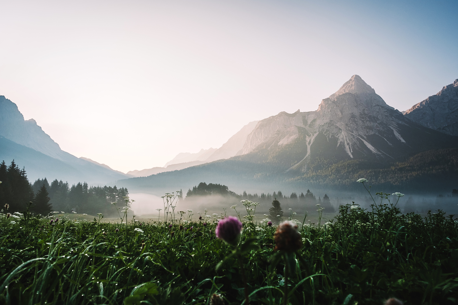 Im August geht es wieder nach Tirol und Österreich. Hier ist ein vernebelter Sonnenaufgang im Lermooser Moos zusehen. Der Blick geht auf den Ehrwalder Sonnenspitze.