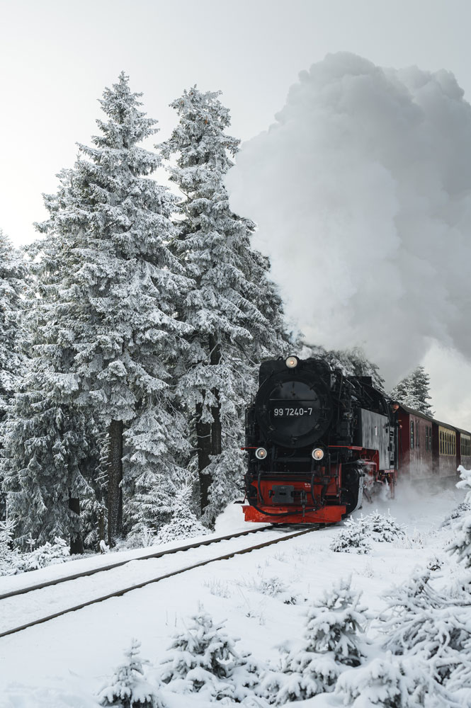 Die Brockenbahn dampft durch den schneebedeckten Wald.