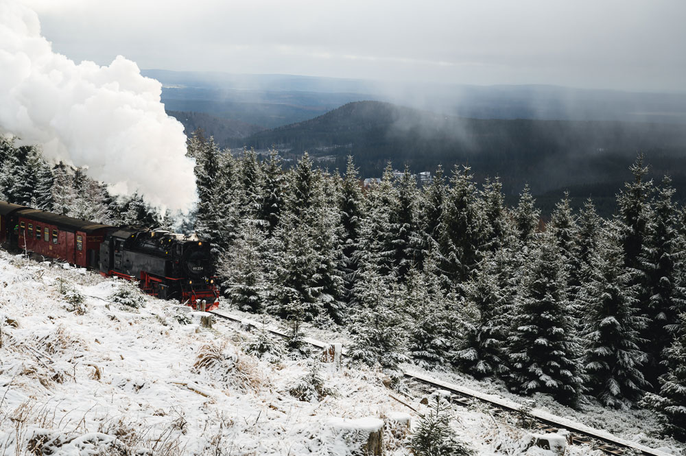 Unter Volldampf fährt der Zug der Brockenbahn in Richtung Gipfel.