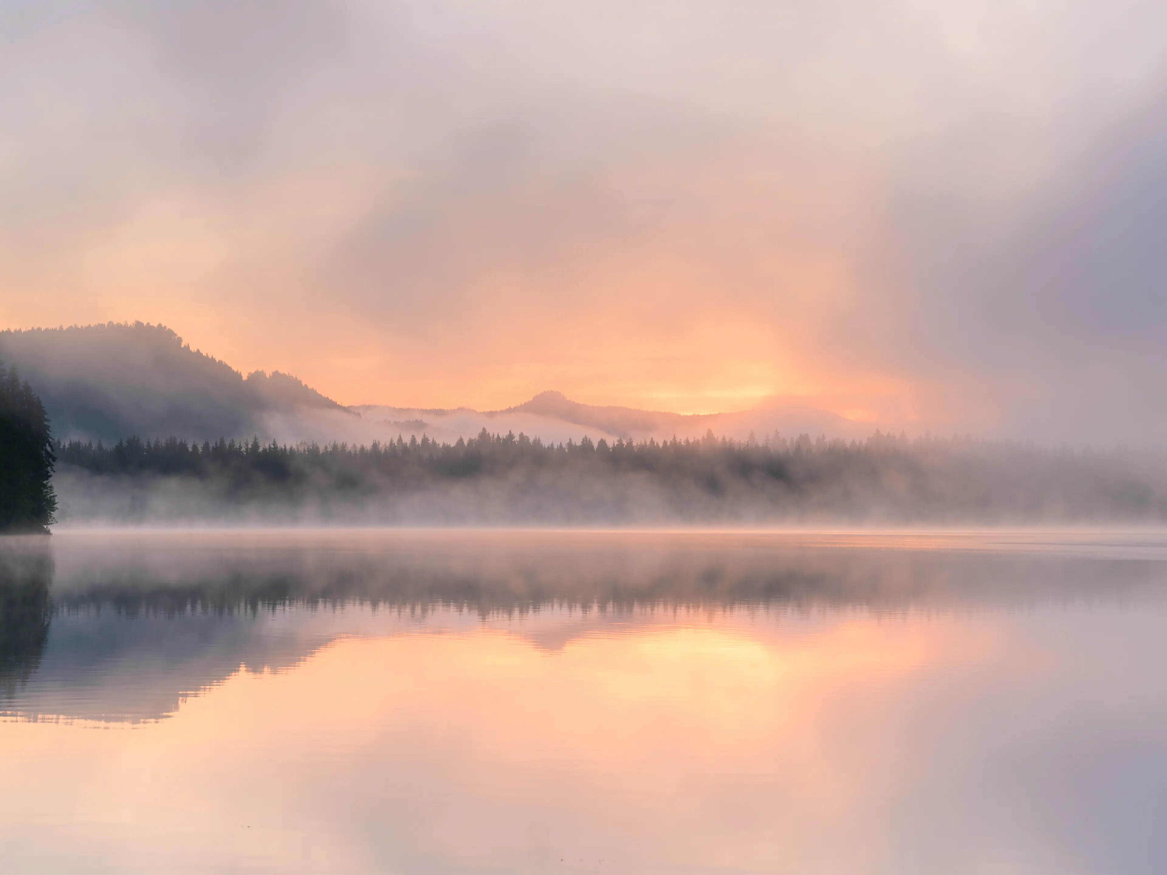 Auch im Sommer ist Morgennebel am Barmsee keine Seltenheit. Im Licht der aufgehenden Sonne ergeben sich vielfältige Motive.