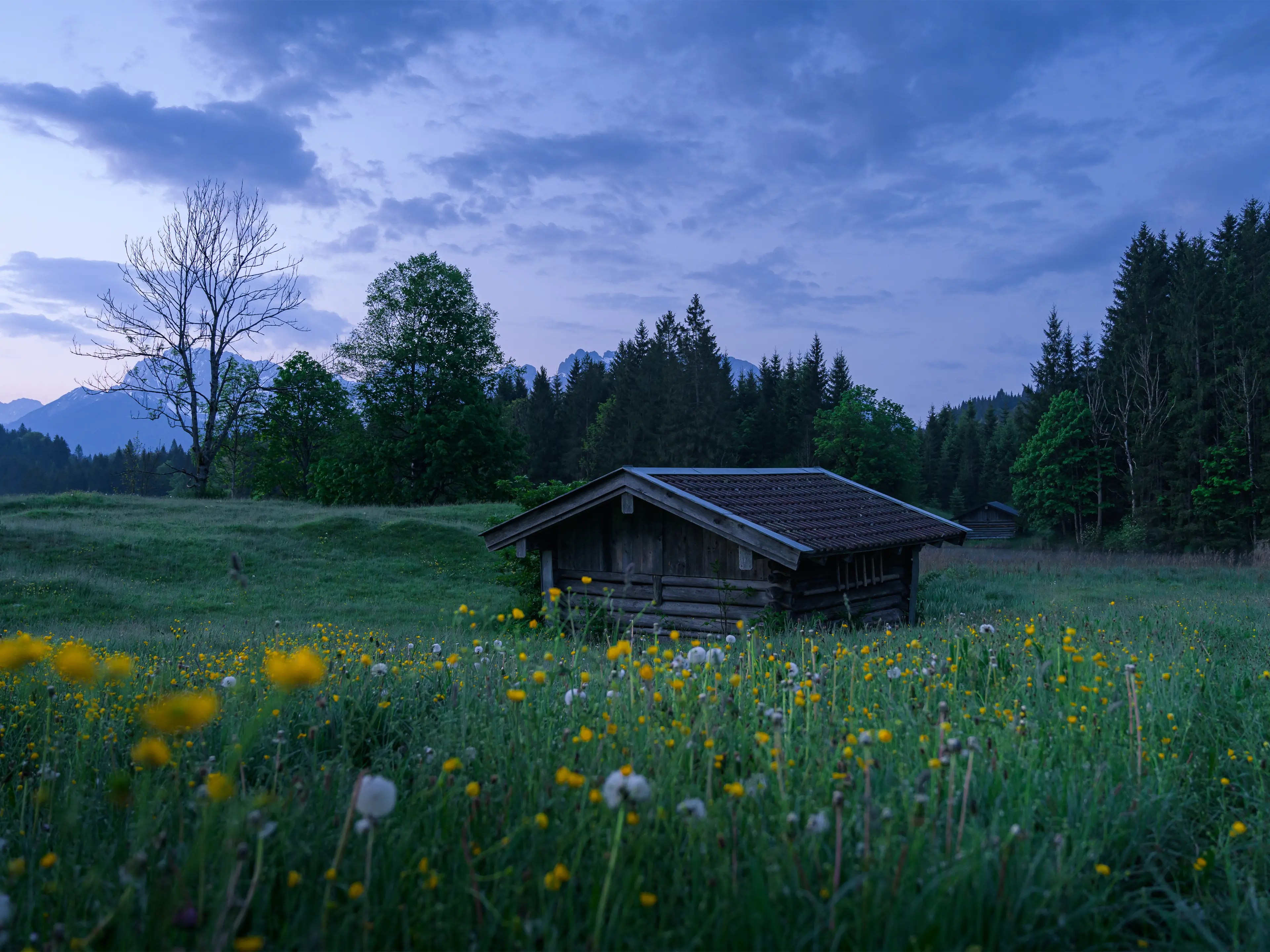 Zur blauen Stunde am Geroldsee im Mai, die Wiesen erstrahlen in einem saftigen Grün.