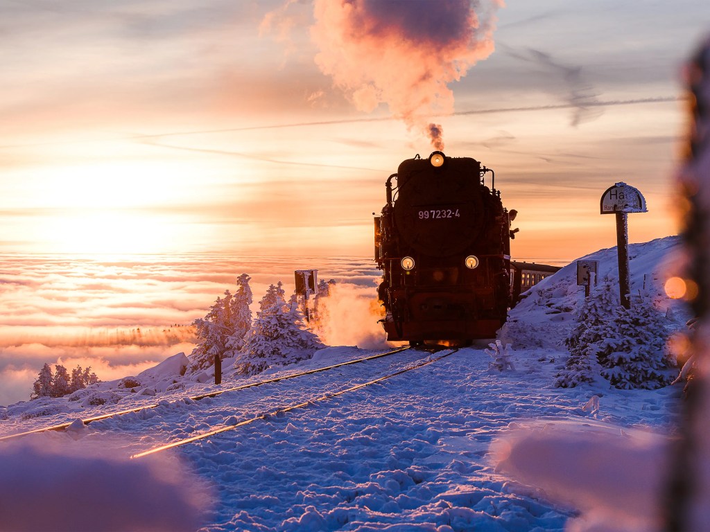 er letzte Zug der Brockenbahn fährt im Abendlicht zum Bahnhof hinauf.