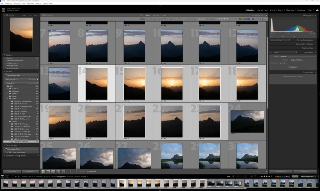 Die Oberfläche von Adobe Lightroom Classic mit einer Auswahl an Bildern für ein Panorama.
