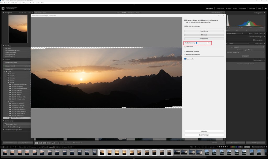 Die Oberfläche von Adobe Lightroom Classic mit der Oberfläche zum Erstellen eines Panoramabildes.