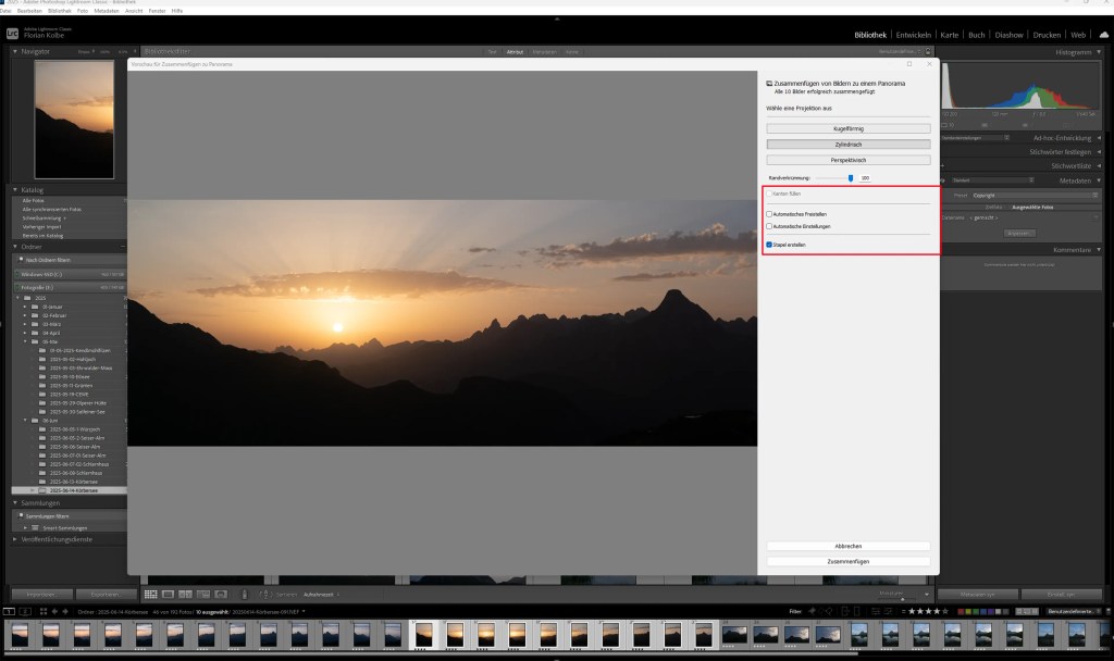 Die Oberfläche von Adobe Lightroom Classic mit der Oberfläche zum Erstellen eines Panoramabildes.