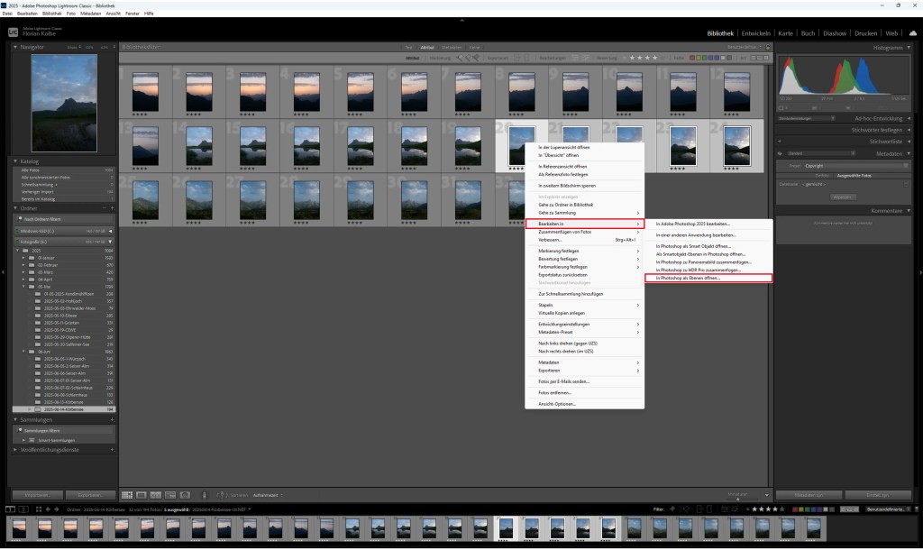 Über den Dialog "Bearbeiten in" können die Rohaufnahmen in Photoshop als einzelnen Ebenen geöffnet werden.