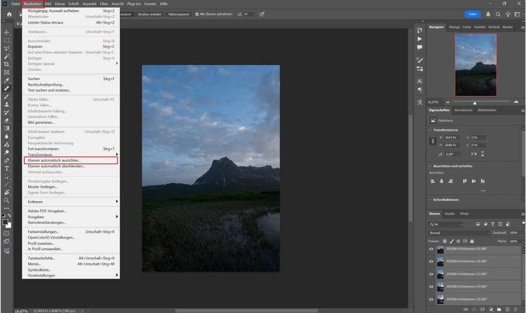 Die Oberfläche von Adobe Photoshop mit der Oberfläche zum Erstellen eines Panoramas.