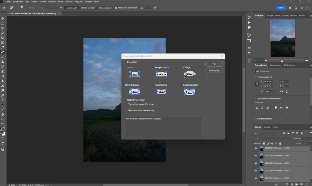 Die Oberfläche von Adobe Photoshop mit der Oberfläche zum Erstellen eines Panoramas.