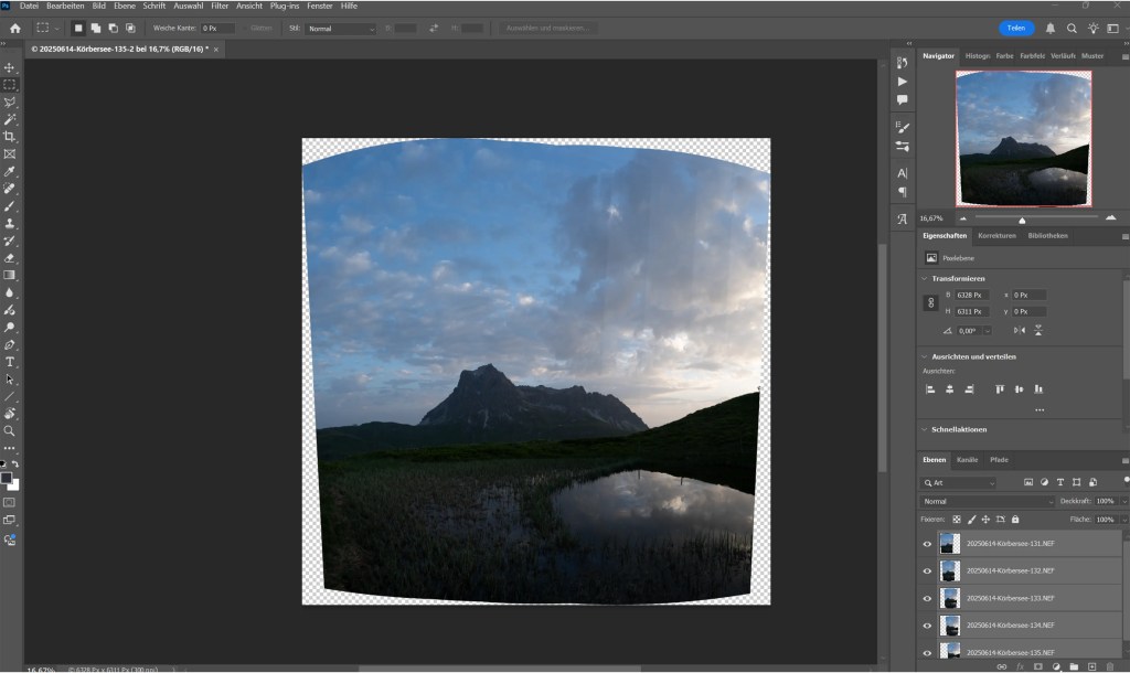 Die Oberfläche von Adobe Photoshop mit der Oberfläche zum Erstellen eines Panoramas.