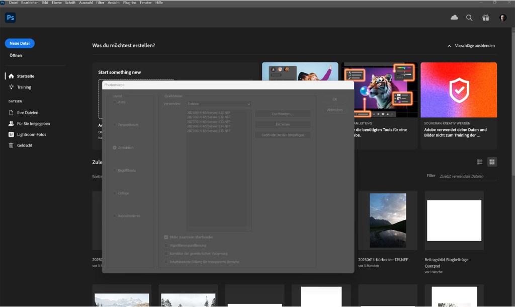 Die Oberfläche von Adobe Photoshop mit der Oberfläche zum Erstellen eines Panoramas.