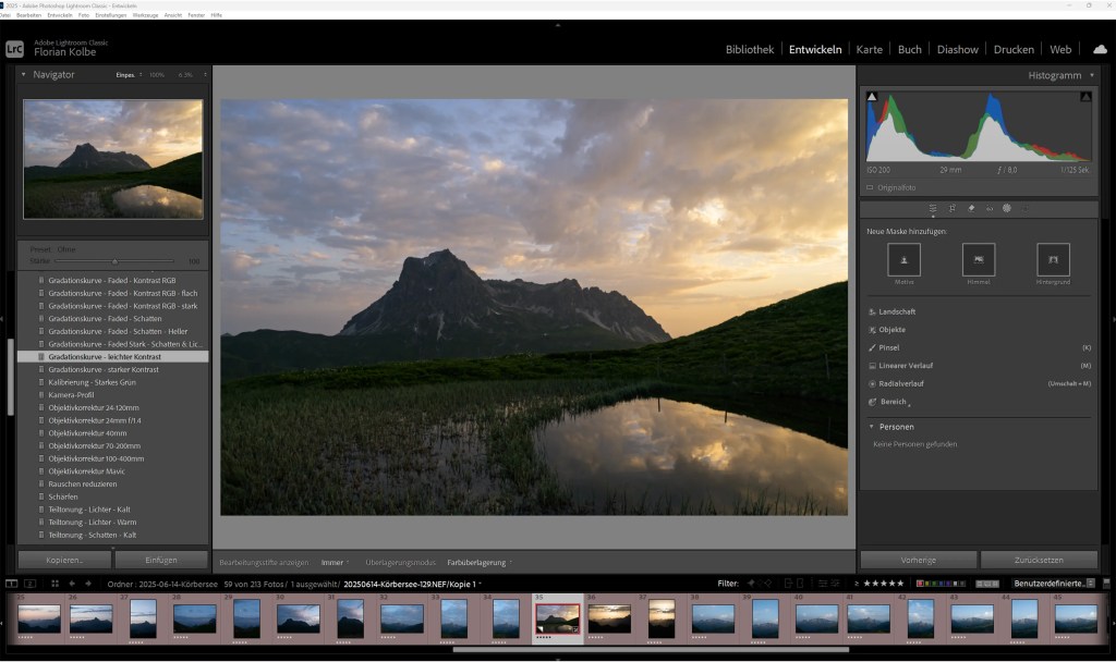 Die Oberfläche von Adobe Lightroom in im Entwicklungsmodus für Fotos mit den Optionen für Masken.