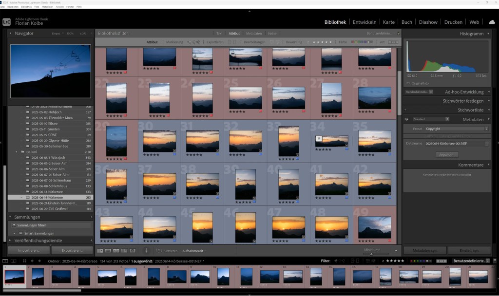 Die Oberfläche von Adobe Lightroom in der Bibliothek. Die Aufnahmen sind mittels Sternen und Farben markiert.