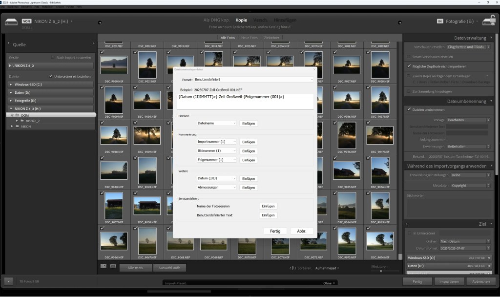 Die Oberfläche von Adobe Lightroom beim Import der Bilder mit dem Dialog zur Benennung.