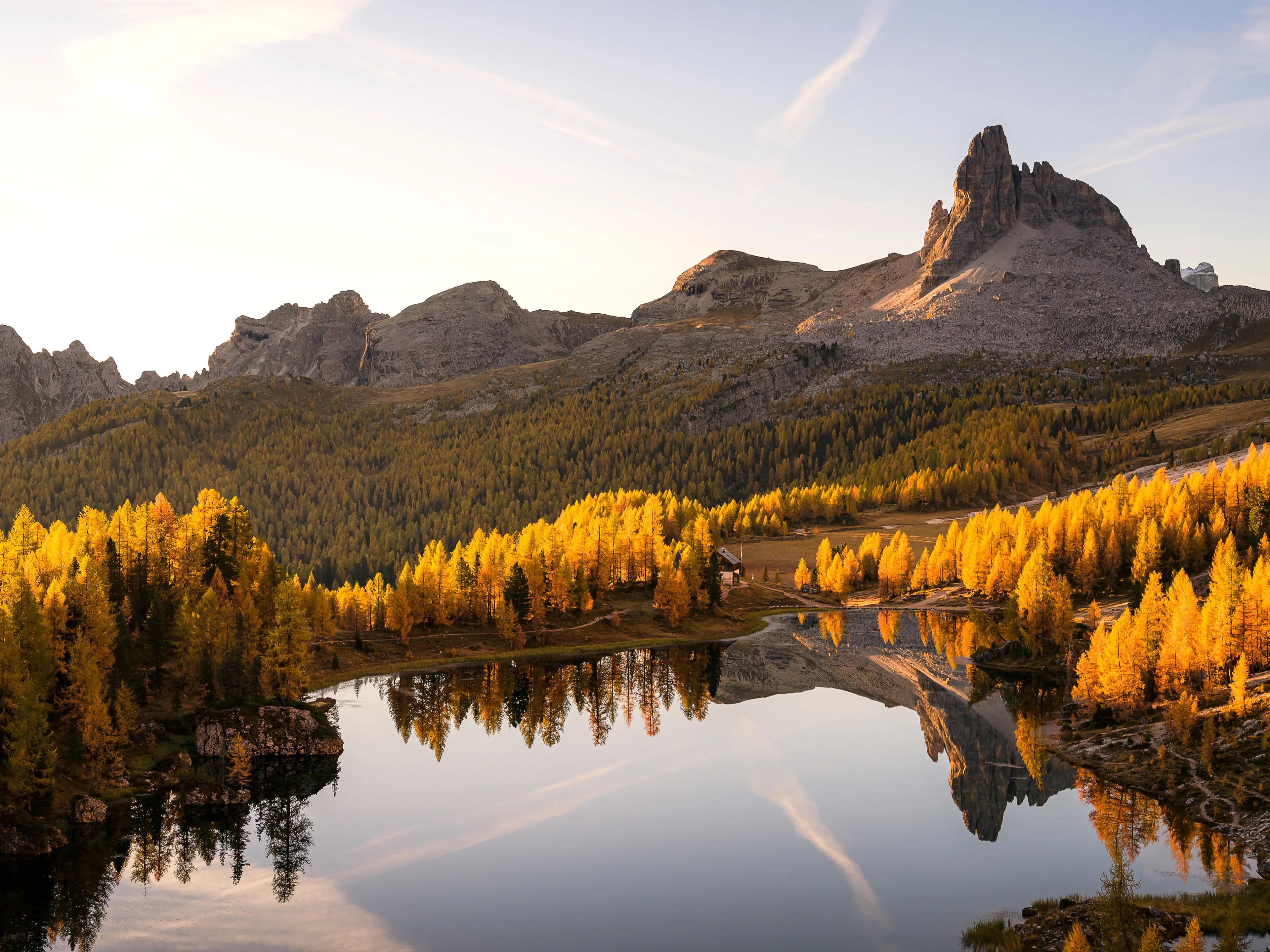Lärchen leuchten goldenen im Licht des Sonnenaufgangs an einem Bergsee in Südtirol.