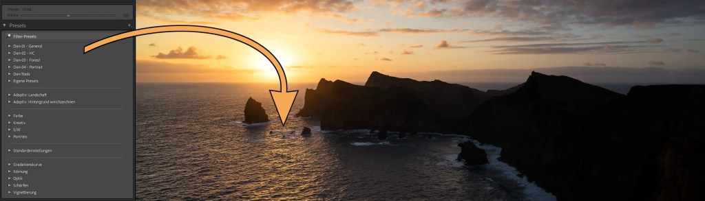 Eine Küstenlandschaft zum Sonnenaufgang mit der Oberfläche eines Bildbearbeitungsprogramms