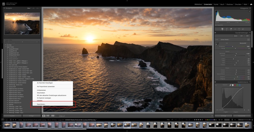 Eine Küstenlandschaft zum Sonnenaufgang mit der Oberfläche eines Bildbearbeitungsprogramms

