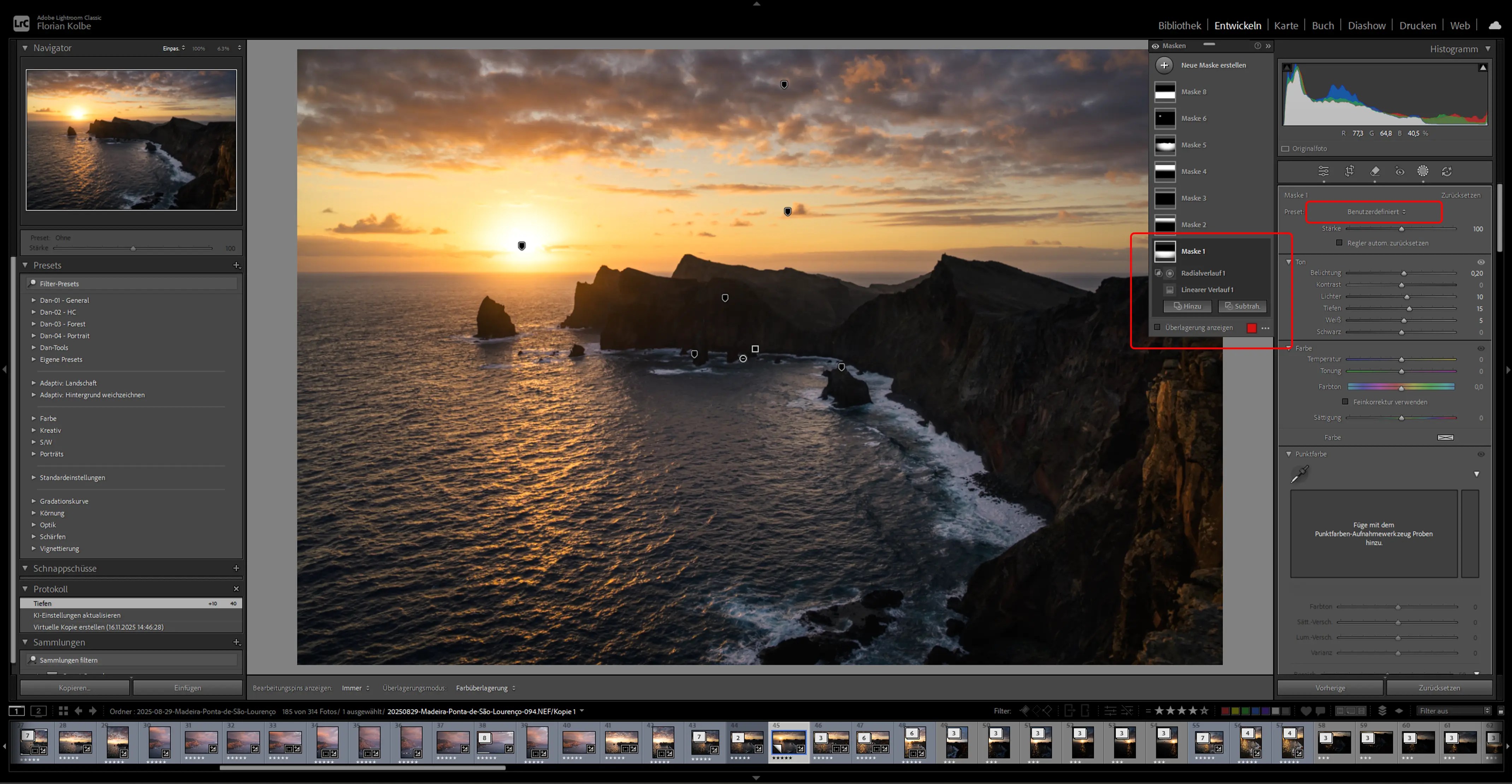Eine Küstenlandschaft zum Sonnenaufgang mit der Oberfläche eines Bildbearbeitungsprogramms