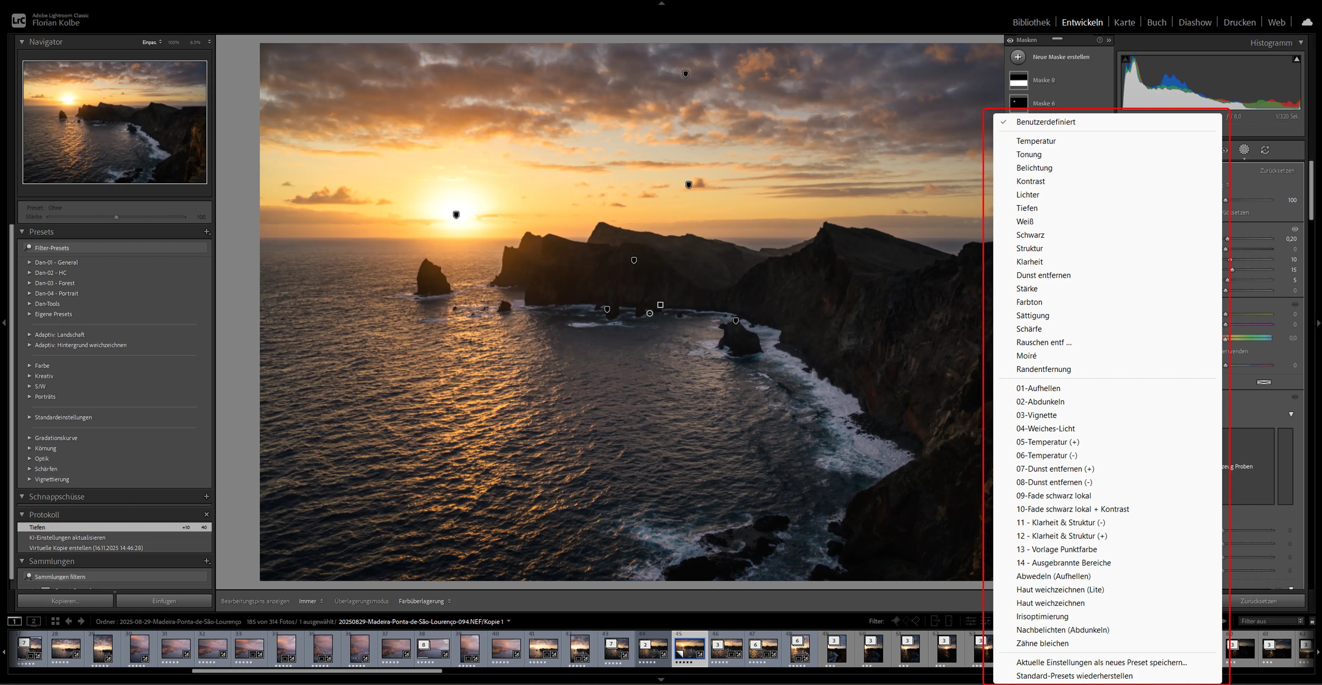 Eine Küstenlandschaft zum Sonnenaufgang mit der Oberfläche eines Bildbearbeitungsprogramms