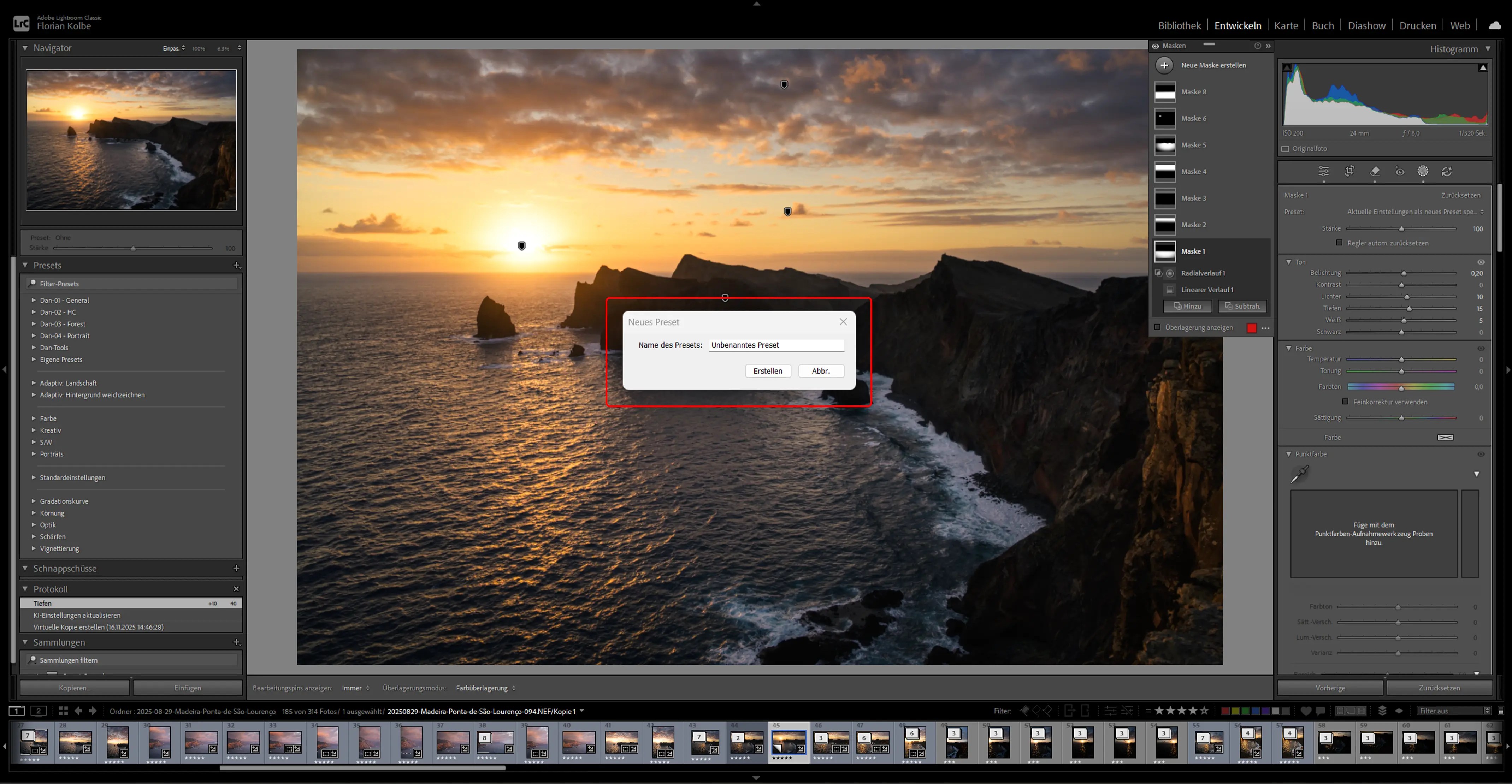 Eine Küstenlandschaft zum Sonnenaufgang mit der Oberfläche eines Bildbearbeitungsprogramms