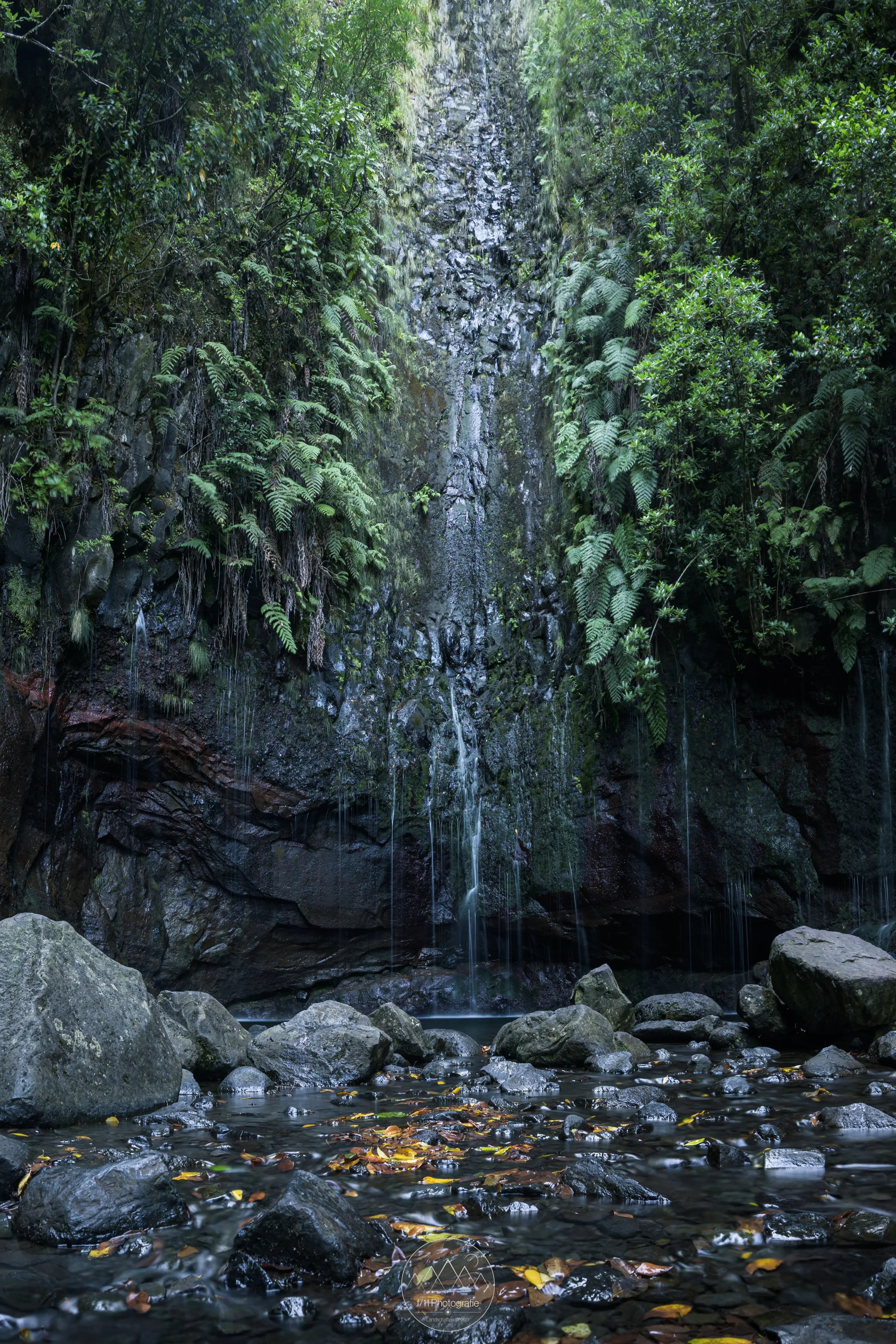 Der Wasserfall der 25 Fontes auf Madeira. 25 kleine Kaskaden fließen eine steile Felswand hinter. 