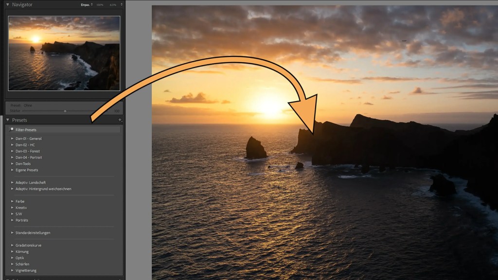 Eine Küstenlandschaft zum Sonnenaufgang mit der Oberfläche eines Bildbearbeitungsprogramms