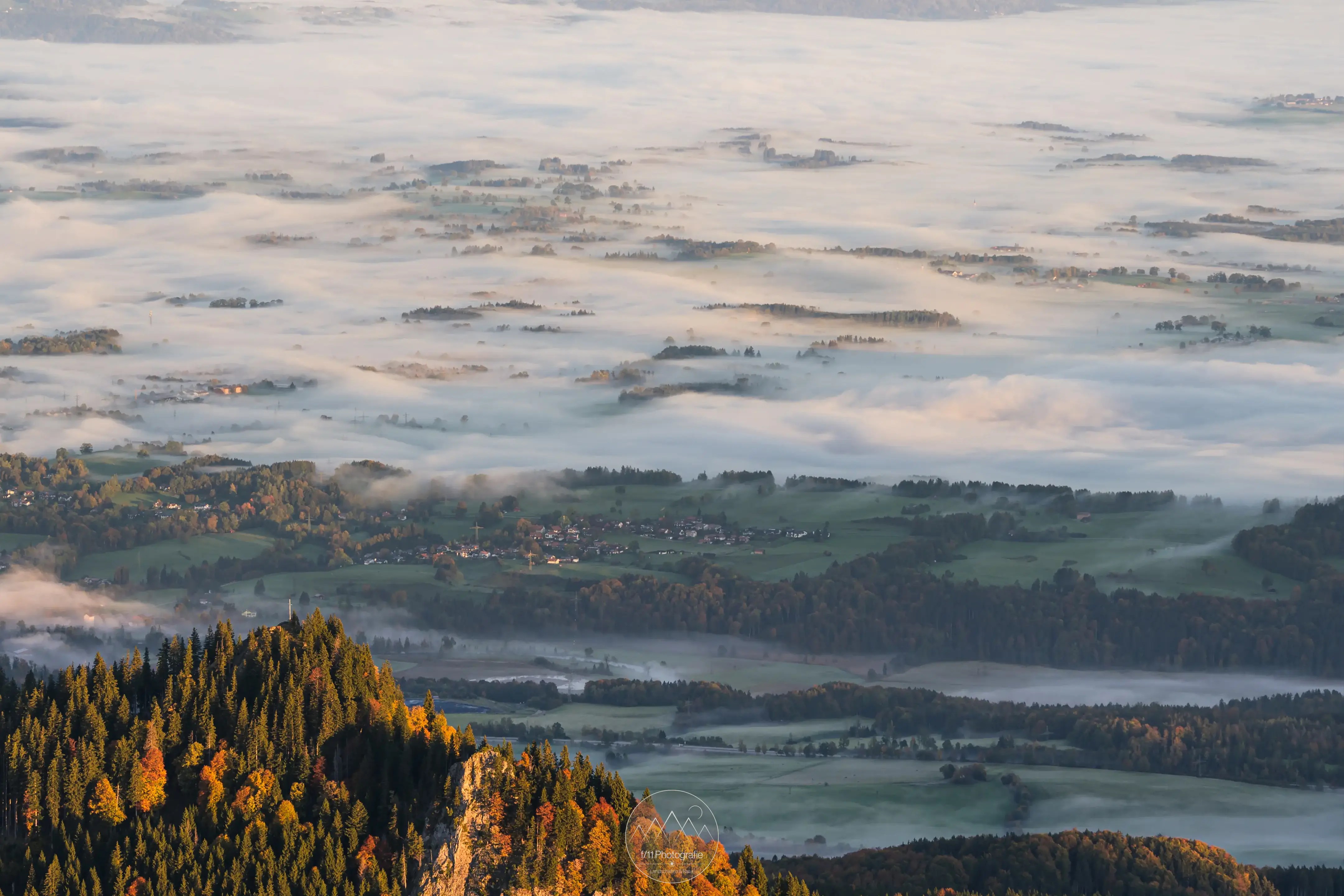 Das Alpenvorland liegt im herbstlichen Morgennebel. Im Vordergrund ist große Illing zu sehen.