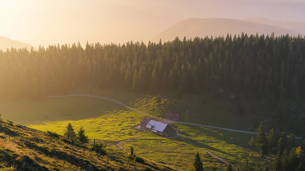 Eine Berghütte im sanften Morgenlicht auf einer grünen Almwiese in einer kleinen Senke.