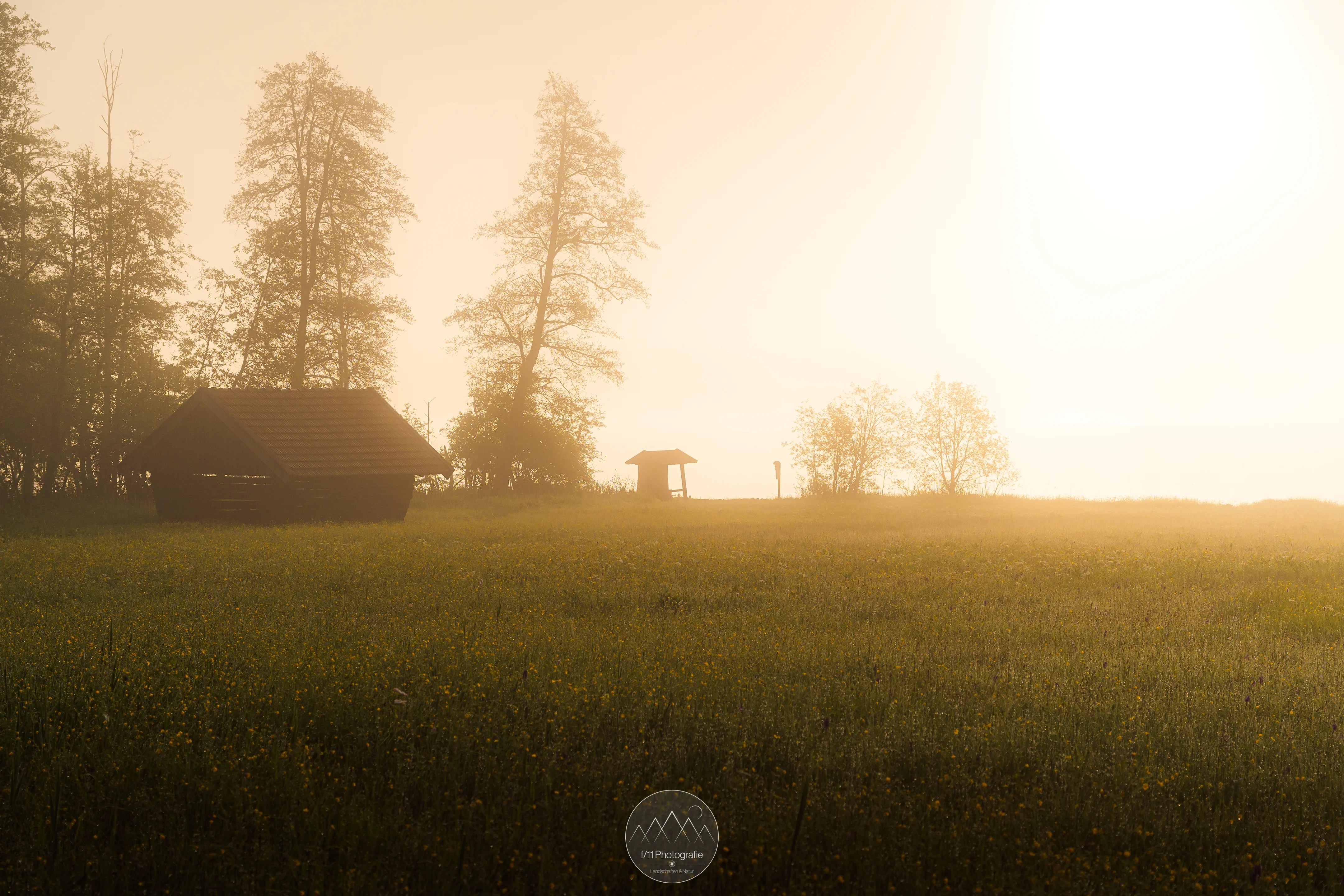 Bei dichtem Nebel braucht die Sonne ein wenig, um sich durchzukämpfen. Es ergeben sich besonders mystische Motive, wie hier auf dem Weg zum Geroldsee an der kleinen Schutzhütte.