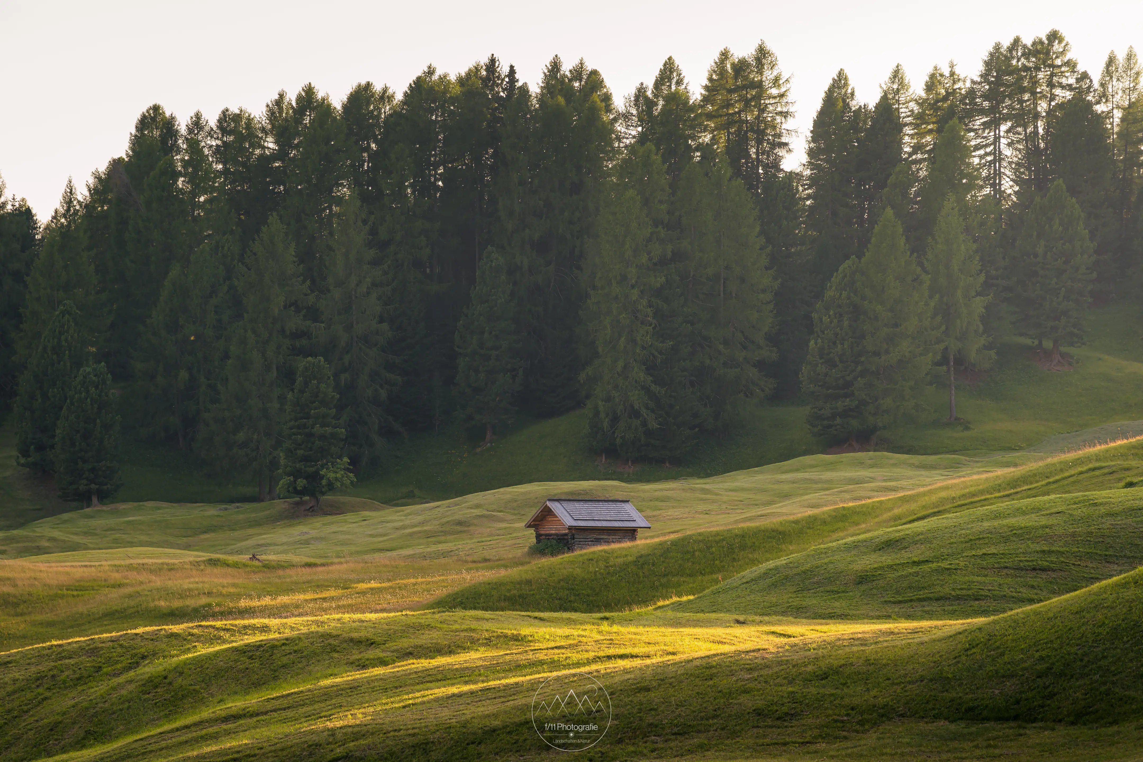 Eine kleine Holzhütte in den Almwiesen rund um die Juac Hütte.