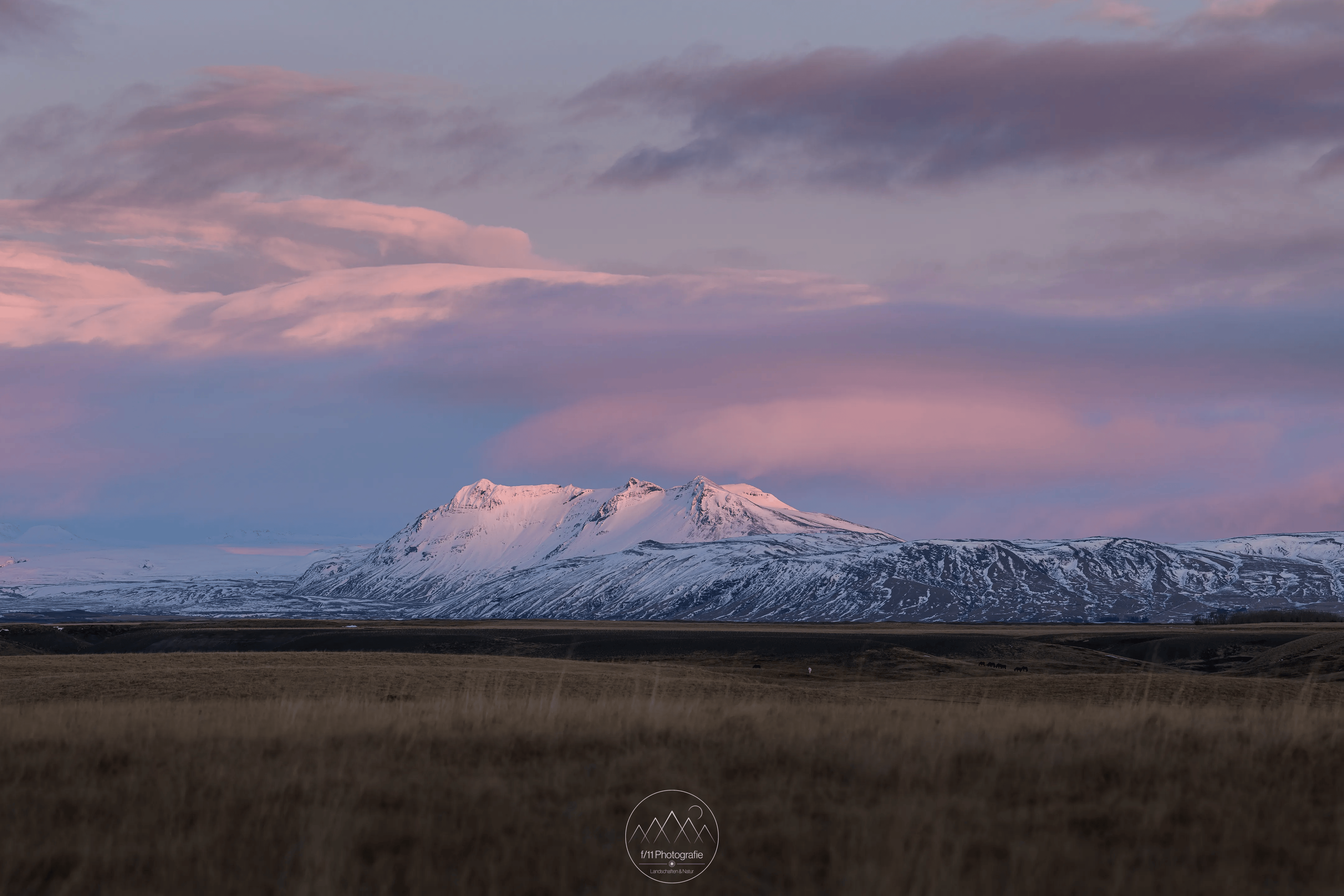 Blick auf eine schneebedeckte Berggruppe, die im Abendlicht sanft in rosa-tönen leuchtet.